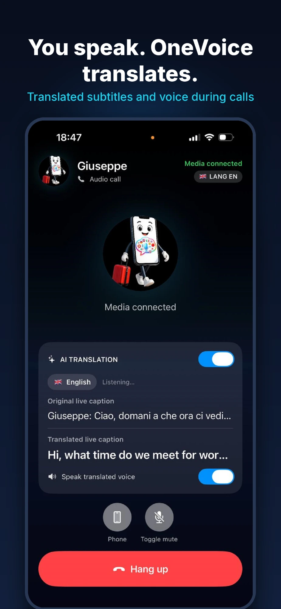 Translated call in the OneVoice app with subtitles and translated voice
